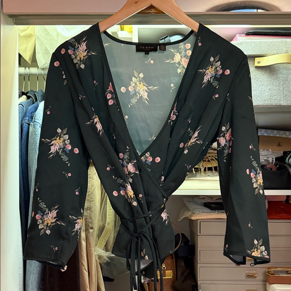 Ted Baker Black Floral Wrap Blouse